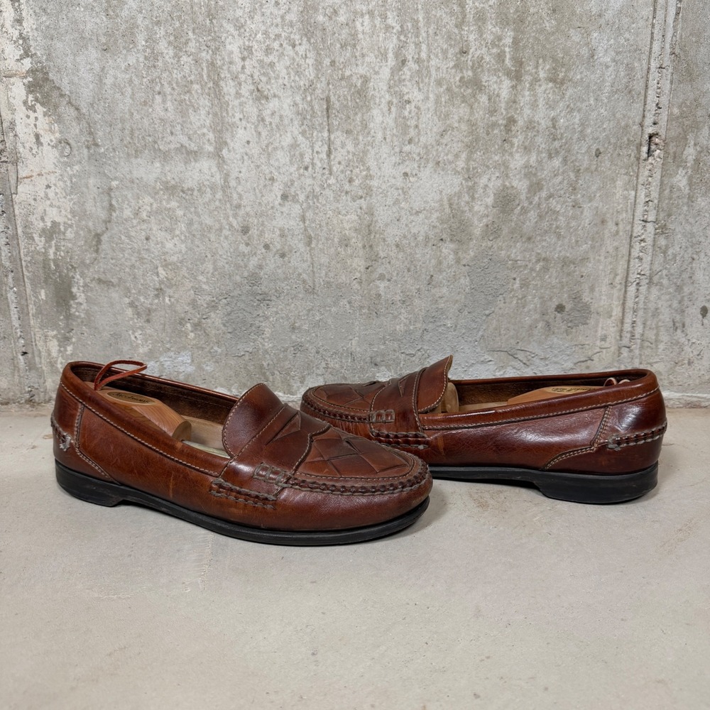 Johnston & Murphy Passport Mens Brown Leather Woven Penny Loafers Size 12 M